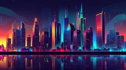  a night scene of a city with skyscrapers and a lake in the foreground with a reflection of the city lights on the water and the city lights in the background. - obrazy, fototapety, plakaty