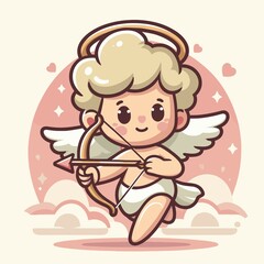 Cupid with Bow and Arrow Adorable cupid character in flat color style, wielding a bow and arrow for a playful Valentine's Day illustration.