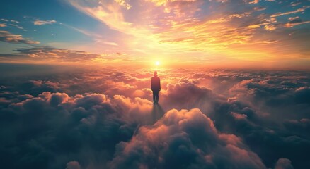  a man standing on top of a cloud covered sky with the sun setting in the middle of the clouds and the sky in the middle of the middle of the picture.