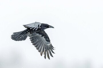 Raven (Corvus corax) flying in mid-air against white background in winter; Montana,