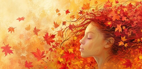  a painting of a woman with her hair blowing in the wind and falling leaves all over her face, in front of a yellow background with red and orange leaves.