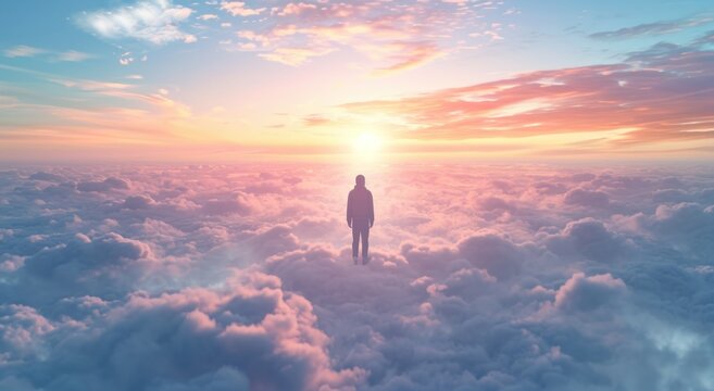  a person standing in the middle of a cloud filled sky with the sun setting in the middle of the sky in the middle of the middle of the middle of the picture.