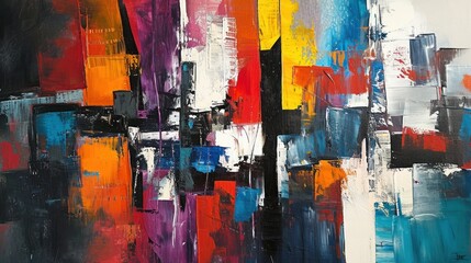  a painting of a cityscape with many different colors of paint and lines of black, white, red, blue, yellow, orange, and pink and grey.
