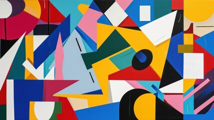  a painting with many different colored shapes and lines on the side of the painting is black, white, blue, red, yellow, green, orange, and pink.