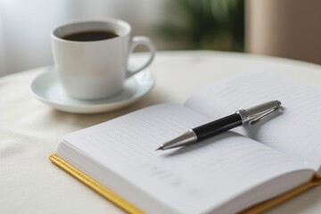 Close-up of book and pen by coffee cup on white background