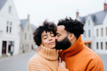 A smiling Afro American black couple in orange sweaters shares an embrace and a kiss on European city street