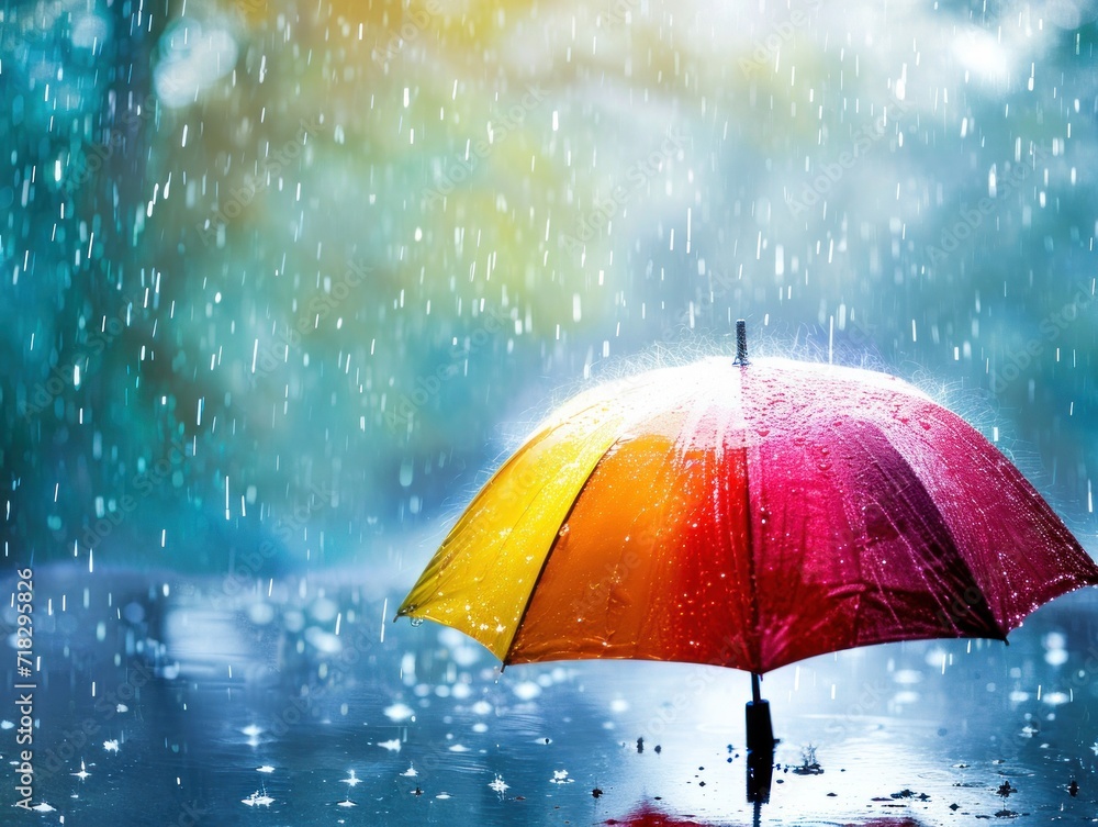 Poster  a colorful umbrella sitting on top of a puddle of water next to a green leafy tree in the rain with water droplets on the ground and trees in the background.