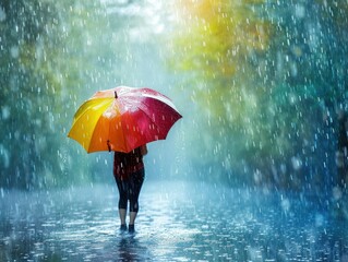  a person walking in the rain with a red, yellow, and orange umbrella over their head while holding a red, yellow, and orange umbrella over their head.
