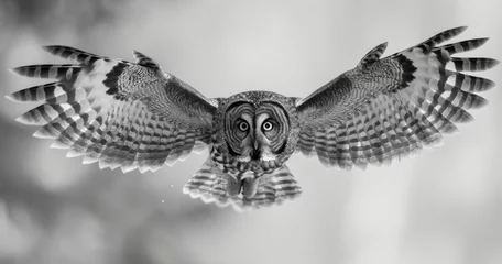 Fototapeten  a black and white photo of an owl flying in the air with it's wings spread out and eyes wide open, with a blurry background of trees in the foreground. © Jevjenijs
