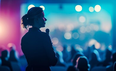 A fashionably dressed woman with a captivating human face takes the stage at a lively concert, her voice amplified by the microphone as she shares her passion for music with the crowd - obrazy, fototapety, plakaty
