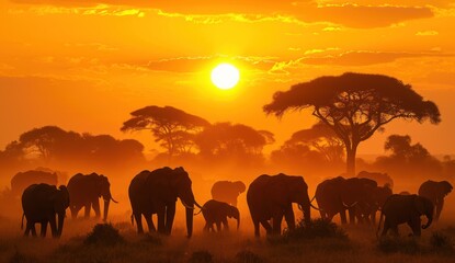 Fototapeta na wymiar a herd of elephants standing on top of a grass covered field under a yellow sky with the sun in the distance and a few trees and a few bushes in the foreground.