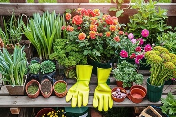 Various flower plants near gardening gloves on table