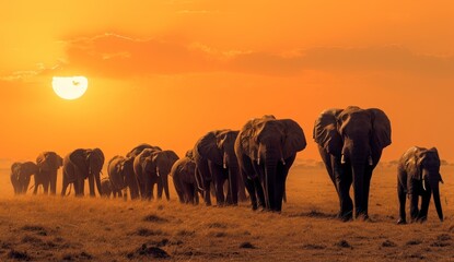 Fototapeta na wymiar a herd of elephants walking across a dry grass field under a bright orange sky with the sun in the distance and the silhouette of the elephants in the foreground.