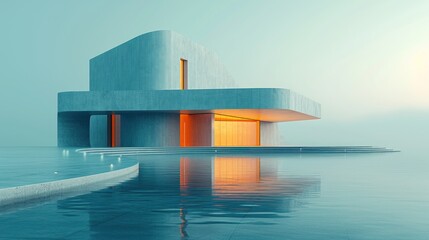  a building sitting on top of a body of water next to a body of water with a boat in the middle of the water and a building on top of the water.