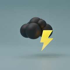 Yellow Shiny Bolt and Dark Cloud 3D Icon, 3D Rendered.