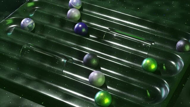 Galactic 3D animation of planets and glass spheres in a cosmic pinball game on a starry purple field.