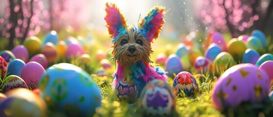  a little dog that is standing in the grass with some eggs in front of him and a bunch of other eggs in the grass in front of him and behind him.