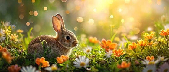  a rabbit sitting in a field of flowers with the sun shining through the trees and boke of boke boke boke boke boke boke boke bokes in the background. - obrazy, fototapety, plakaty