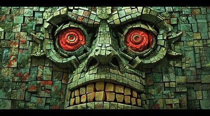  a close up of a face made out of many different types of bricks with red eyes and a face made out of smaller blocks of smaller bricks with smaller bricks.