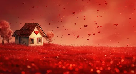 Keuken foto achterwand  a painting of a house in a field with trees and hearts floating in the air in the background is a red sky with a few clouds and a few red hearts in the foreground. © Jevjenijs