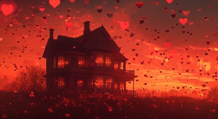 Fototapeta na wymiar a house with lots of hearts floating in the air in front of a sky filled with red, pink, and yellow balloons in the shape of heart - shaped balloons.