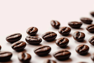 of rows of roasted coffee beans against white background