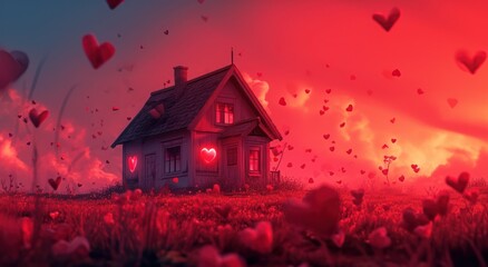  a house in the middle of a field with hearts coming out of it and a red light coming out of the window of the house in the middle of the field. - obrazy, fototapety, plakaty