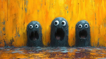  a group of three black monster heads standing next to each other in front of a yellow wall with googly eyes and a black body of water in front of them.