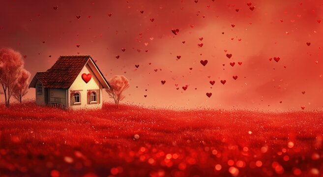  a painting of a house in a field with trees and hearts floating in the air in the background is a red sky with a few clouds and a few red hearts in the foreground.