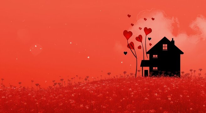  a house sitting on top of a hill with a bunch of red hearts flying out of it's windows in front of a red sky with a red background.