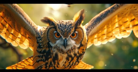  a close up of an owl flying through the air with its wings spread and it's eyes wide open, with a blurry background of trees in the foreground.