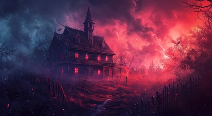  a creepy house in the middle of a spooky forest with a red light coming out of it's windows and a dark sky filled with dark clouds. - obrazy, fototapety, plakaty