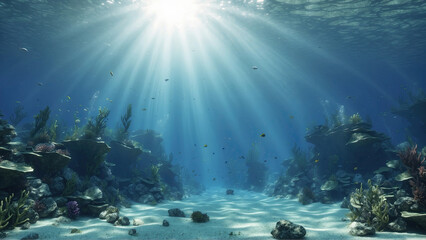 Fototapeta na wymiar Depths of the sea or ocean underwater with a coral reef as a background and fish. Underwater scene with sunlight and blue ocean background.