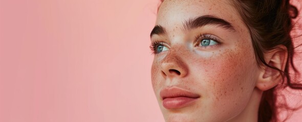  a close up of a woman with freckles on her face and freckles on her cheek, with freckles on her face and freckles on her cheek.