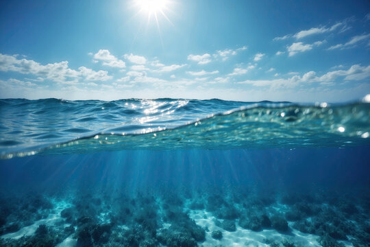 The ocean water line separates the sky and the underwater part. Bright sunlight and blue clear sky above the surface of the sea. Split underwater.