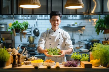 Fototapeta na wymiar Young asian chef presenting a gourmet dish in a restaurant kitchen, surrounded by fresh herbs 