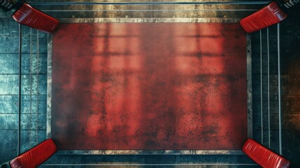 Top view of an empty boxing ring. Concept of sports arena, aerial view, boxing, competition, combat sports