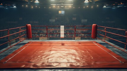Empty Professional boxing ring. Concept of sports, competition, boxing match, professional arena, spotlight. - obrazy, fototapety, plakaty