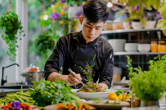 Young asian chef presenting a gourmet dish in a restaurant kitchen, surrounded by fresh herbs
