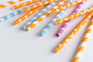 Colorful paper straws on white background