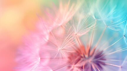 Dandelion fluff with pastel rainbow colors. Abstract colorful background. Concept of delicate beautiful backdrop, serene and calmness, dandelion seeds