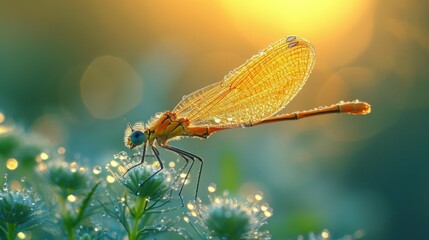  a close up of a dragonfly on a plant with drops of water on it's wings and a blurry background of dew drops of dew on the leaves. - obrazy, fototapety, plakaty