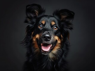  a close up of a dog's face with it's mouth open and it's tongue hanging out and it's eyes wide open, on a black background.