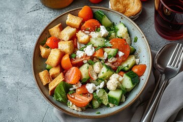 Overhead view of a bowl of tomato, cucumber, cauliflower and feta salad with croutons and a glass of cherry juice
