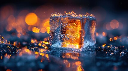  an ice cube sitting on top of a table covered in drops of water and light reflecting off of the ice on the surface of the table and on the floor. - obrazy, fototapety, plakaty