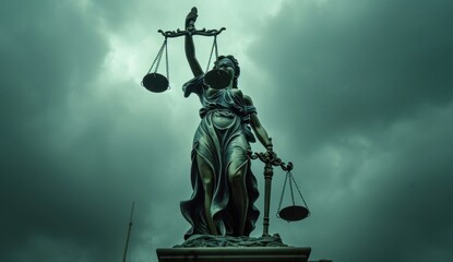  a statue of a lady justice holding a scale of justice in front of a cloudy sky with a scale of justice on one arm and a sword in the other hand. - obrazy, fototapety, plakaty