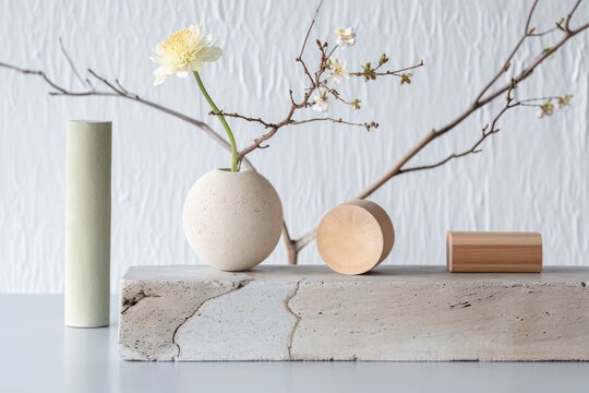 Horizontal Studio Shot Of Contemporary Still Life Composition Of Gypsum, Concrete And Wooden Objects With Flower, White Background