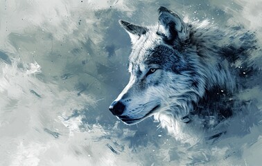  a painting of a wolf's head on a gray and white background with water droplets and a splash of paint on the left side of the wolf's head.