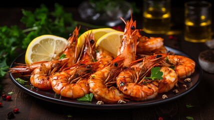 fried shrimps on a plate with lemon and garlic.