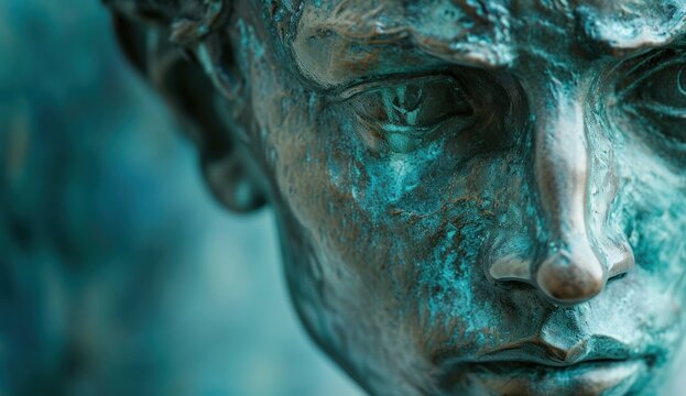 a close - up of a statue of a man's face with green paint on it's face and a blurry background of a body of water.